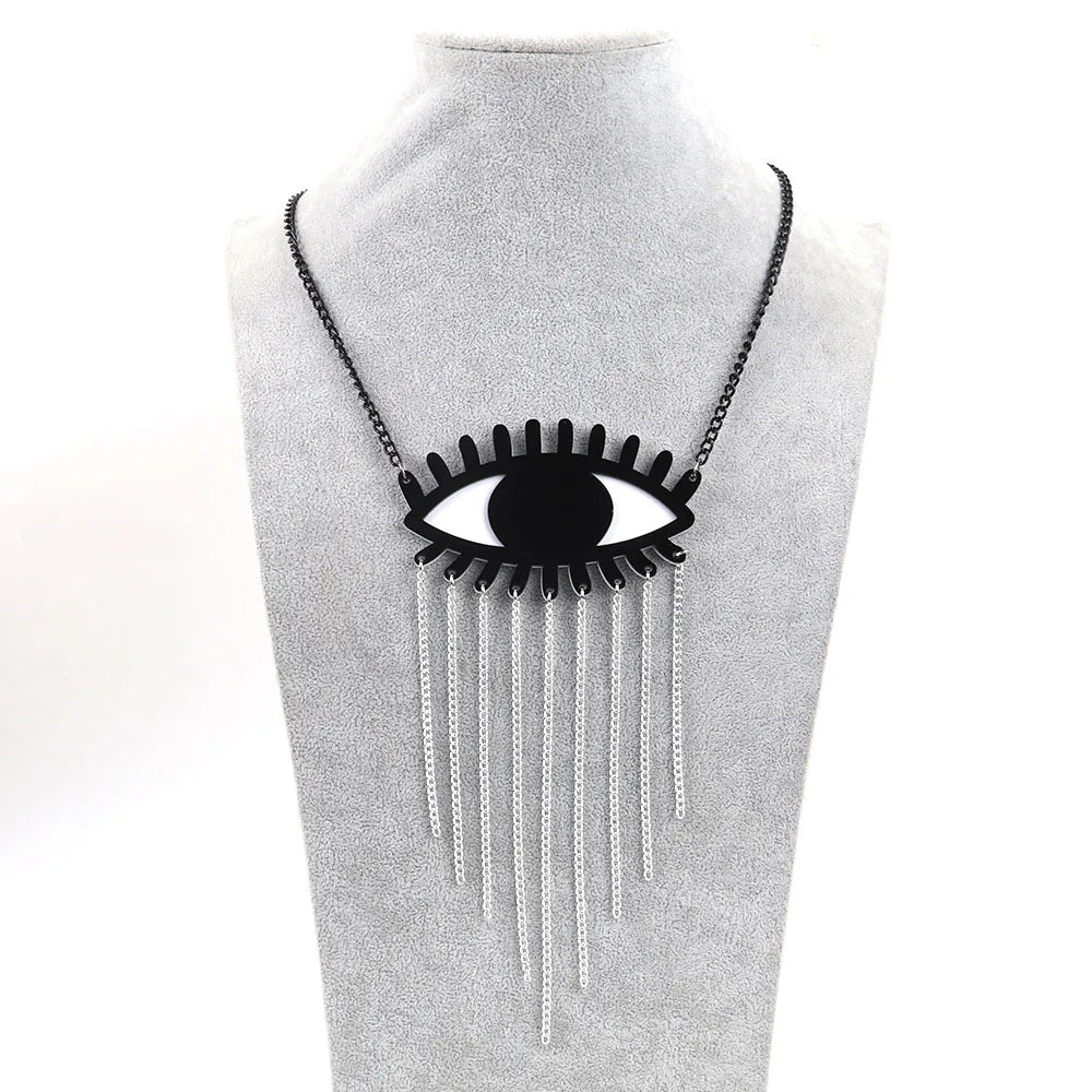 Unique Design Oversized Eye Tassel Necklace Personality Exaggerated Party Acrylic Hip Hop Black Big Charm Long Necklace Unisex