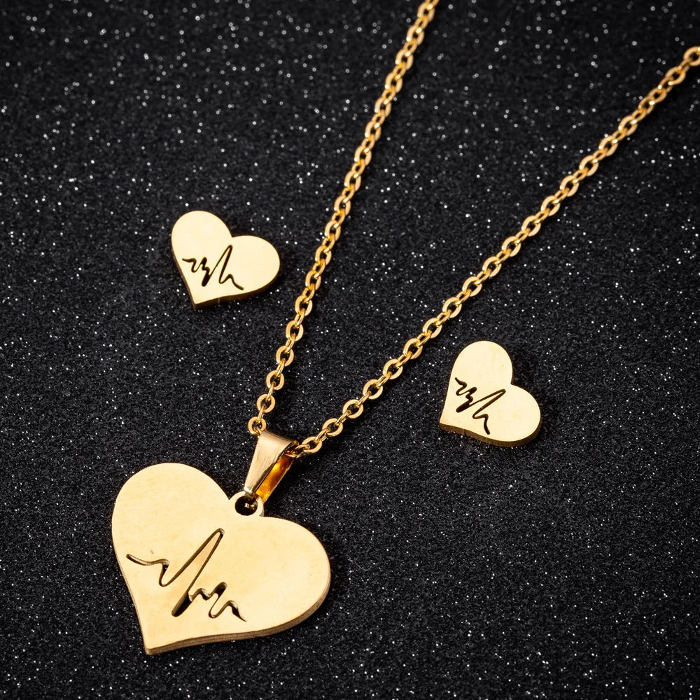 Fashion Stainless Steel Heart Pendant Necklace Earstuds Electrogram Necklace Earrings Heart Jewelry Set Doctors Nurses Gifts