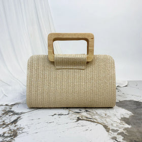 2025 New Women's Eco Friendly Portable Straw Beach Bag Woven Rattan Clutch Wooden Handle Chain Strap Convertible Shoulder Bag