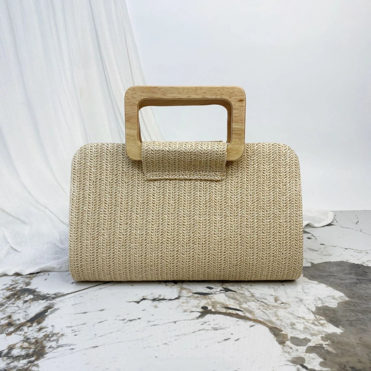 2025 New Women's Straw Beach Bag Woven Rattan Clutch with Wooden Handle Chain Strap Convertible Shoulder Bag for Summer Holiday