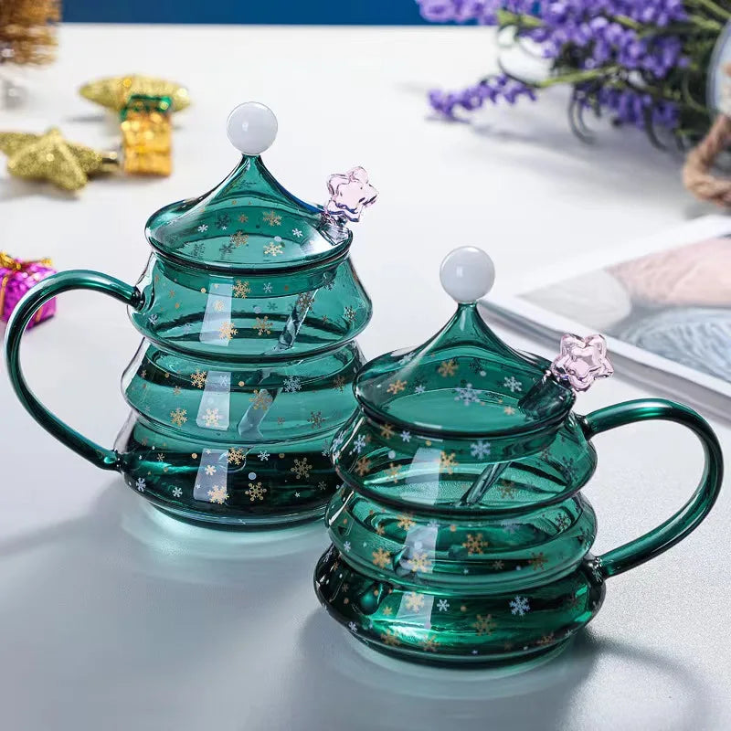 Hot Sale Christmas Clear Kids Glass Coffee Cup Reusable Heat Resistant Mugs With Lids Straws for Party