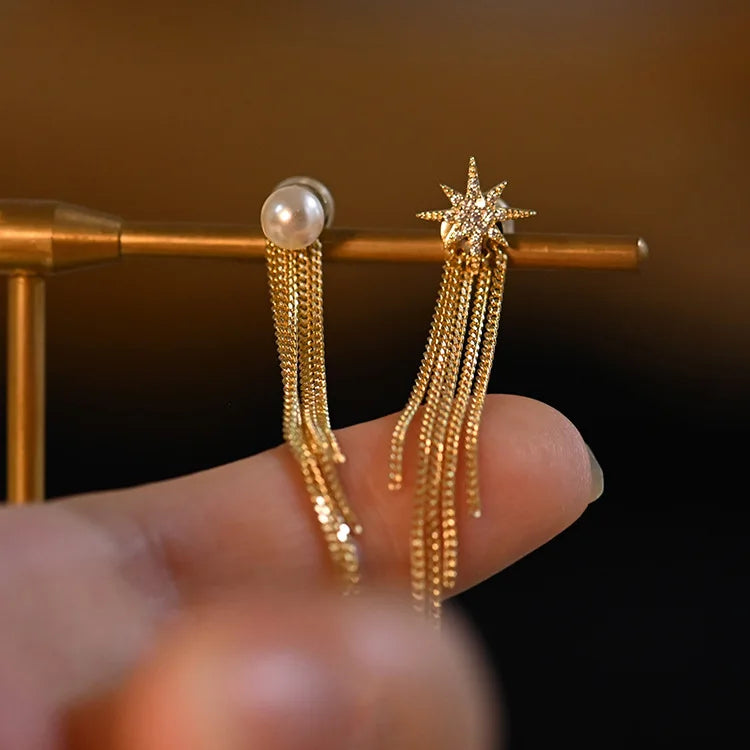 Hot Selling Gold Plated S925 Silver Tassel Pearl Earrings 925 Sterling Silver Full Diamond Star Earrings for Gift