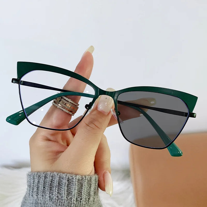 2024 Eyebrow Metal Green Colored Cat Eye Computer Optical Eyeglasses Frames for Women Anti Blue Light Photochromic Glasses