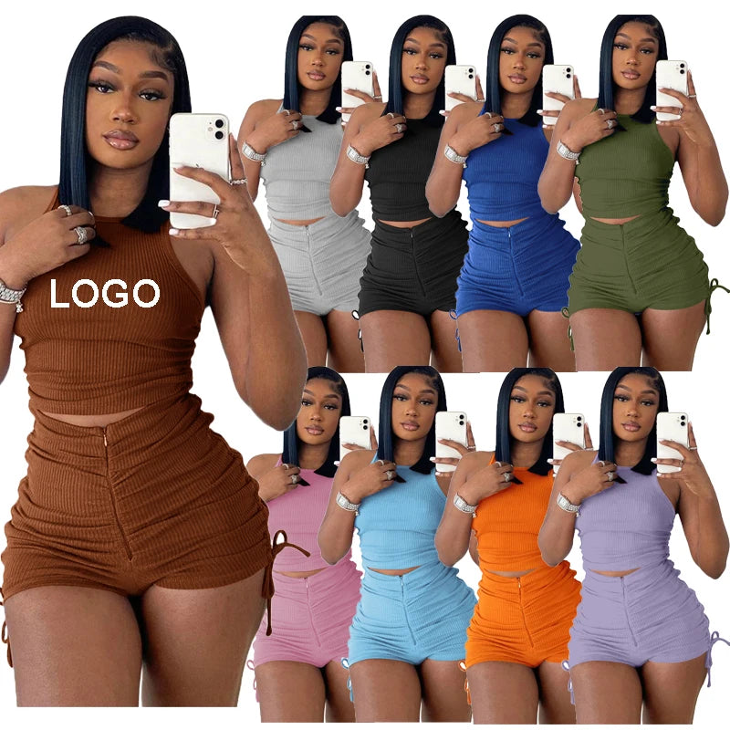 Summer Fashion Gym Yoga Boxer Stacked Zipper Suits Biker Booty Shorts Sets Two Piece Set Women Clothing Women's Shorts