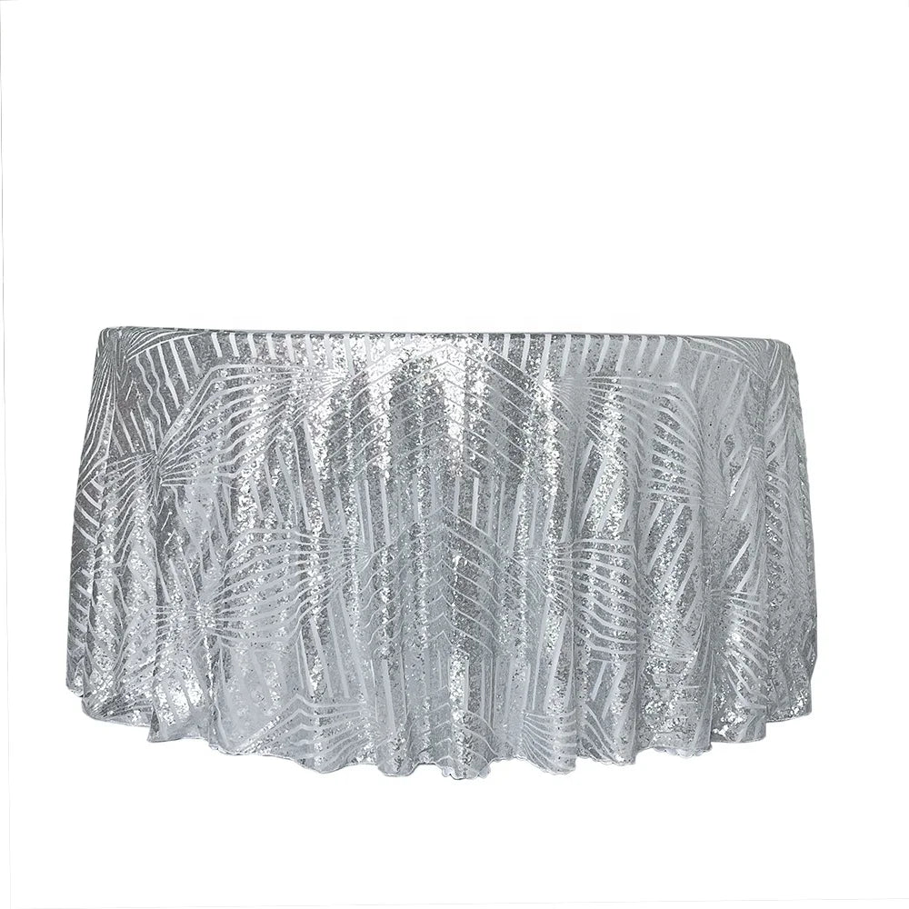 Wedding Lace Sequin Embroidered Silver Table Overlay for Banquet Hall