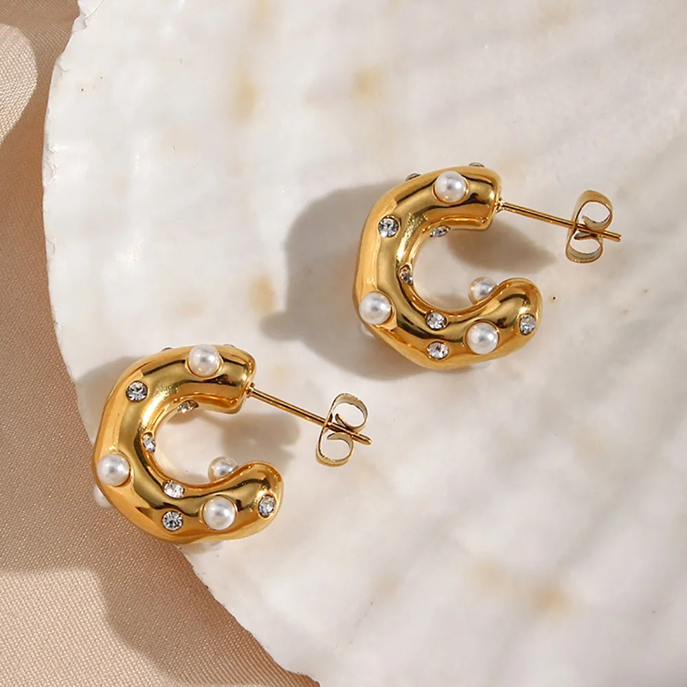 INS Hot Chunky C Shape Fresh Water Pearl Zircon Hoop Earring Gold Plated Trendy Women Jewelry