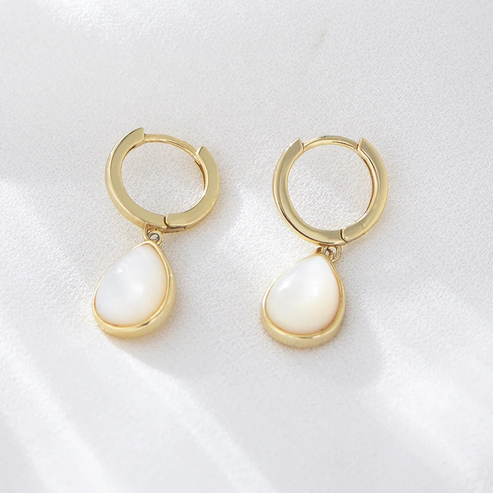 Simple Fashion 14K Gold Plated Waterdrop Dangle Earring 925 Sterling Silver  Mother of Shell Hoop Huggies Earring Silver Jewelry
