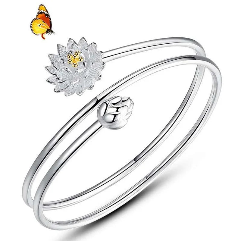 Valentine's Day 925 Sterling Silver-Plated Three-Ring Lotus Bangles Classic Elegant Flower Opening Design Women's Party Jewelry