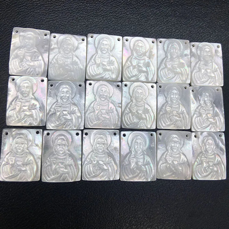 JF7294 Engraved White Mother of Pearl Shell Jesus Virgin Mary Rectangle Oblong Scapular Charm Pendants