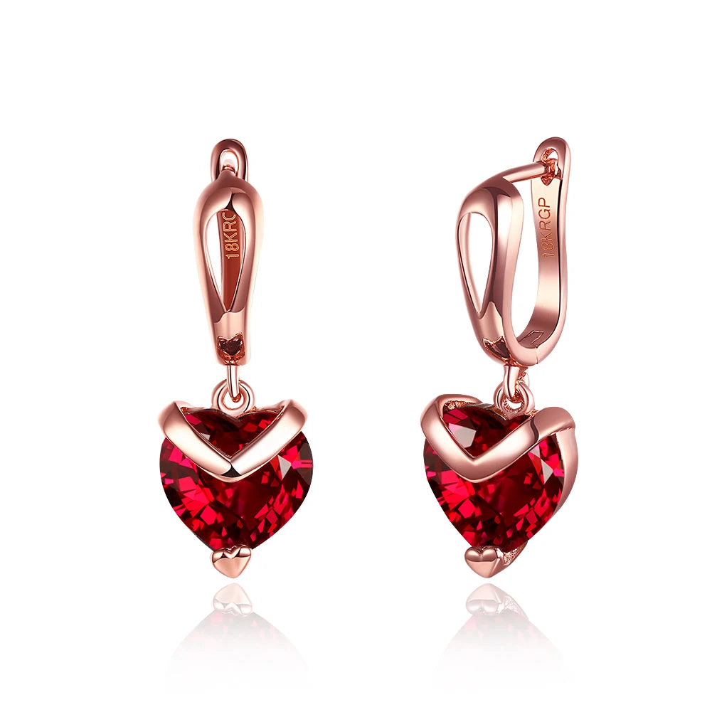 Wholesale 18K Rose Gold Plated Earrings Elegant Heart Shaped Red Zircon Drop Earrings for Women 2023