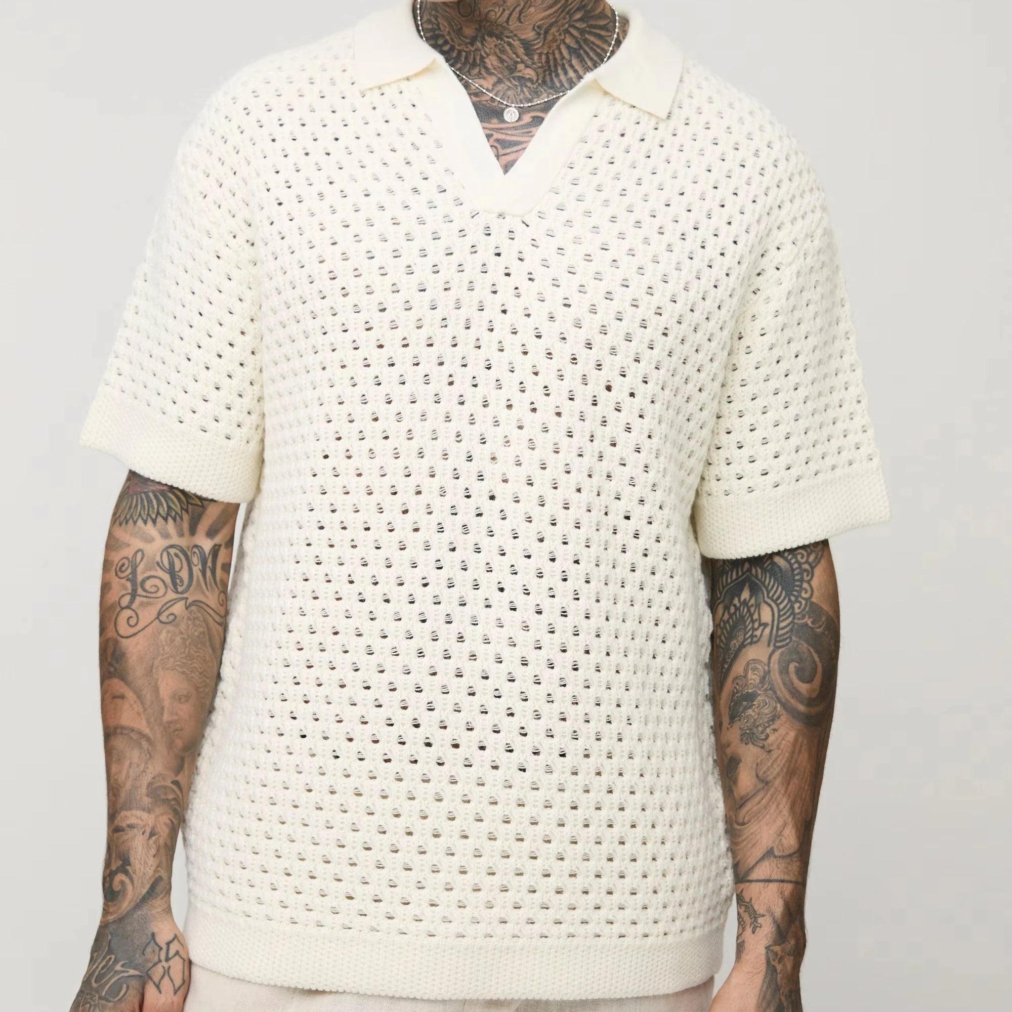 Custom Design Logo Casual Fashion Knitwear Knitted Cotton Short Sleeve Oversized Crochet Mesh T-shirt Men Polo Shirts