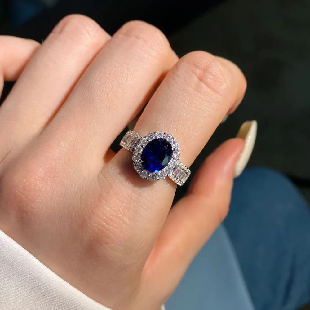 French Elegant Luxury Pure 925 Sterling Silver Women's Engagement Finger Rings with Blue Zircon Diamond for Parties Jewelry