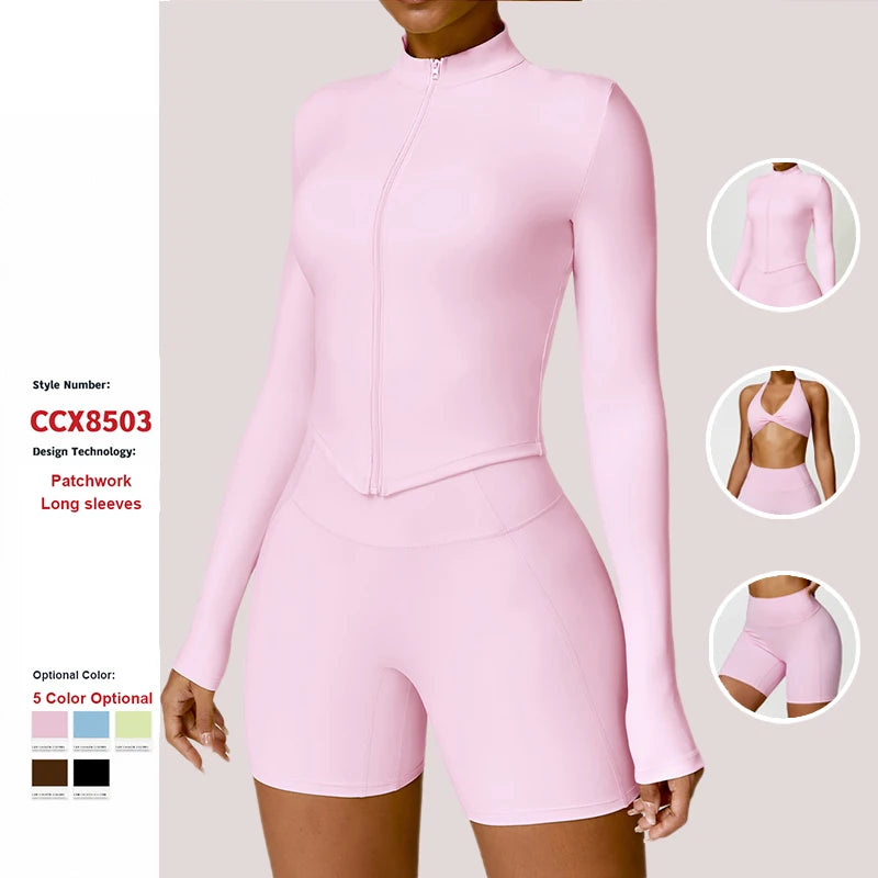 Nylon High Elasticity Women Fitness Yoga Sets Gym for Sports Jacket Long Sleeve Wear Workout Clothes High Waist Leggings Shorts