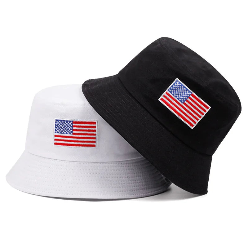 Outdoors Custom Logo Embroidery USA Flag Bucket Cap Sunshade Sunscreen Breathable Printed Bucket Hat for Women Man