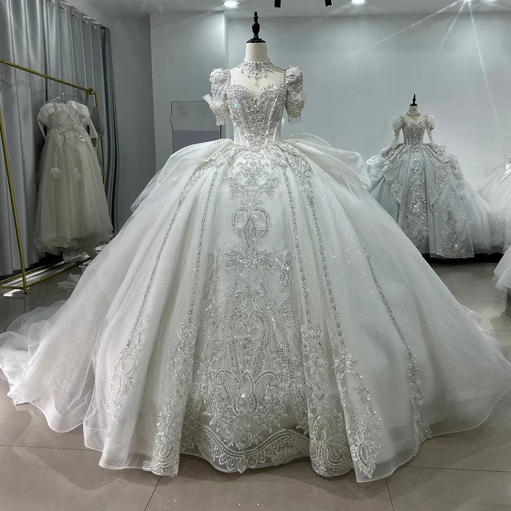 Jancember XS054 Princess Short Sleeve Sequins Beaded Long Tail Wedding Dresses