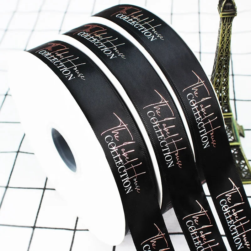Factory Wholesale Customized Colorful logo Printing Gold Foil Printed Satin Wired Ribbon 1inch Christmas Flower Ribbon