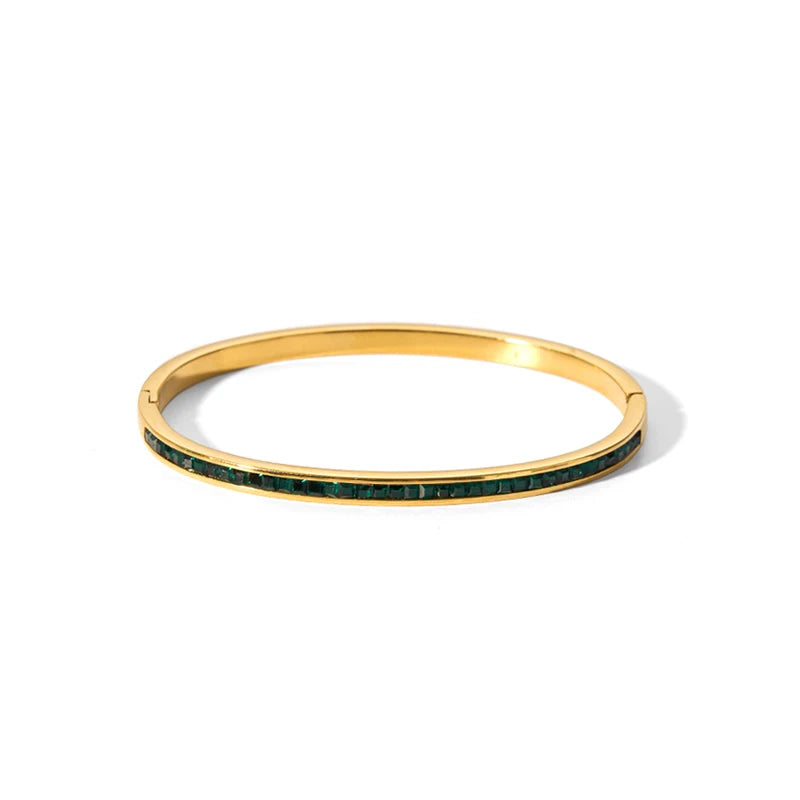 Colorful Steel Water Resistant Cuff Bangles Green CZ Inserting 18k Gold Plated Bracelet Bangles