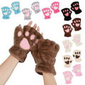 New Women's Bear Paw Exposed Fingers Half Finger Winter Warm Plush Gloves with Cartoon Cat Character Design for Beach Use