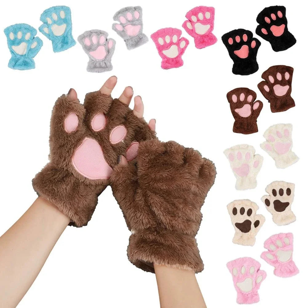 New Women's Bear Paw Exposed Fingers Half Finger Winter Warm Plush Gloves with Cartoon Cat Character Design for Beach Use