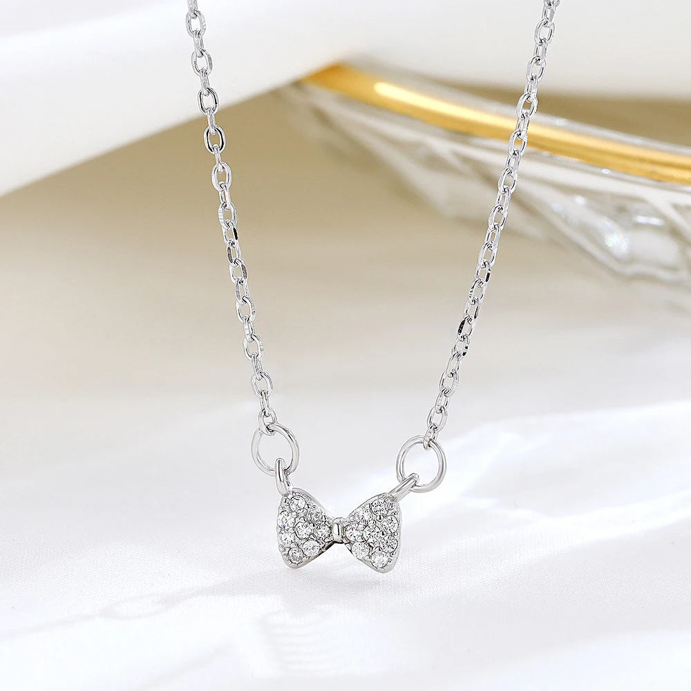 Dainty Mini Bowknot Pendant 925 Sterling Silver Personality Tiny Pendant Necklace for Women