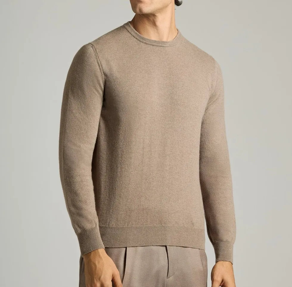 Men's 100% Merino Wool Crew Neck Sweater Fine Gauge Long Sleeve Pullover Jumper Beige