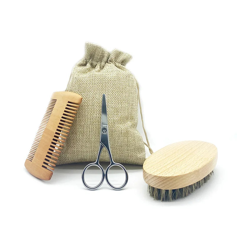 Men's Boar Bristle Shaving Brush with Hard Round Wooden Handle Comb for Beard Care