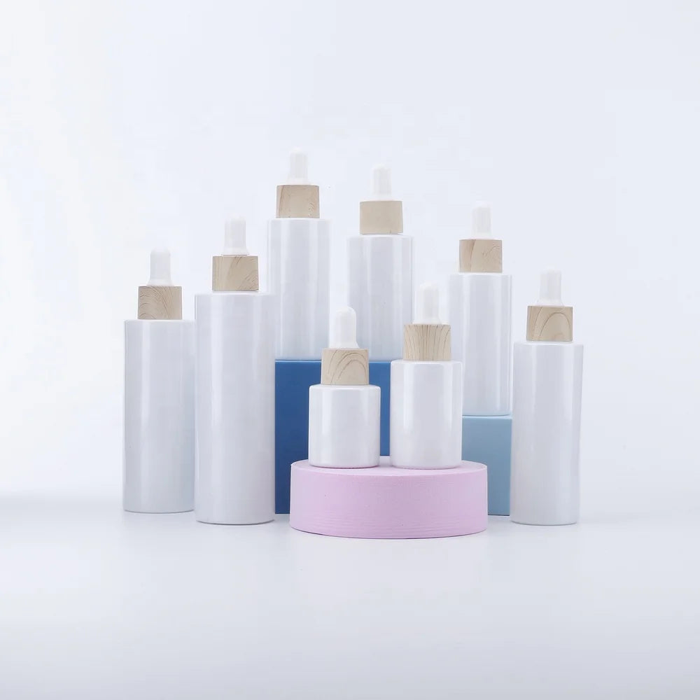 20ml 30ml 40ml 50ml 60ml 80ml 100ml Pearl White Flat Shoulder Cylinder Glass Dropper Bottle for Serum Essential Oil