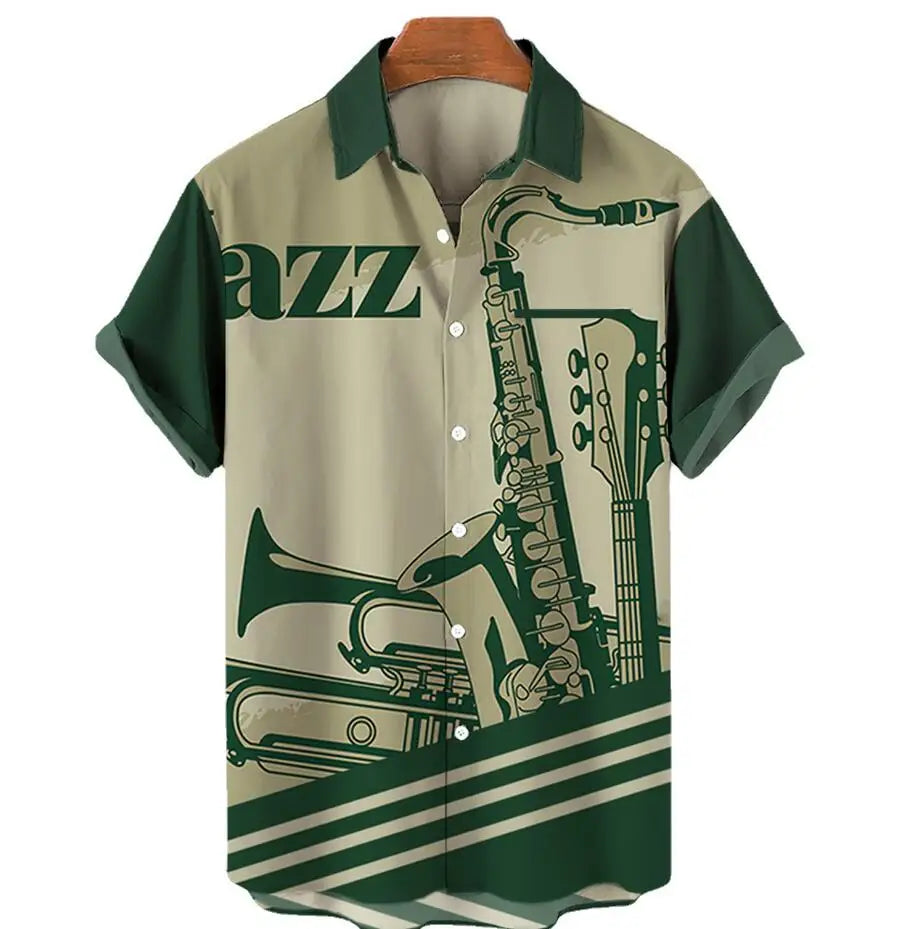 Wholesale Summer Cool Short Sleeves Customized Musical Instrument Print Hawaiian Shirts for Men 3xl 4xl 5xl