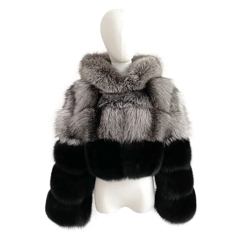 Women's Winter Casual Short Silver Fox Black Fox Fur Jacket Patchwork Color Thickened Cotton Lining Shearing Warm Coat