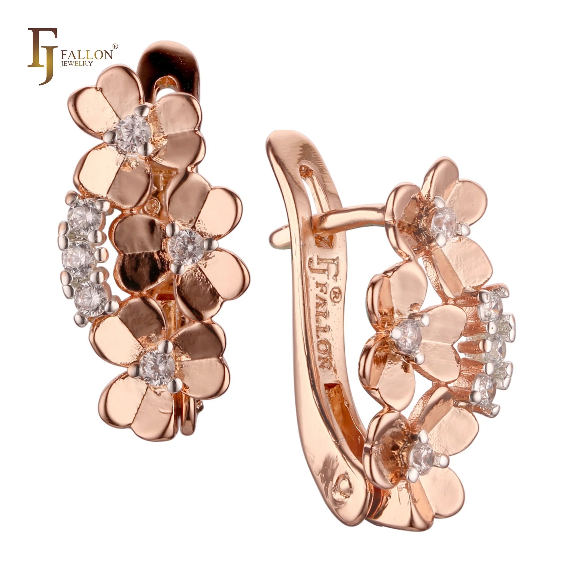 FJ Fallon Fashion Jewelry Clover Earrings Plated in Rose Gold Two Tone Brass Based