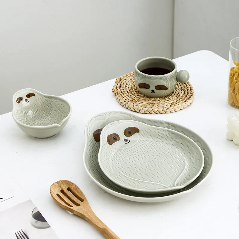 Solhui Ceramic Sloth- Design Oatmeal Salad Yogurt Bowl and Plate Cute Tableware Set