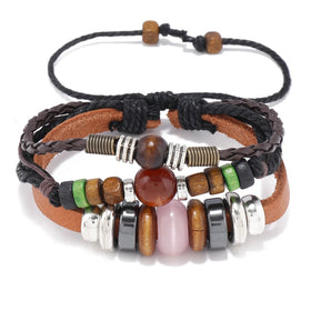 Wholesale Bohemian Style Multi-Layer Wood Beaded Adjustable Leather Bracelet for Women & Men-Trendy Gift