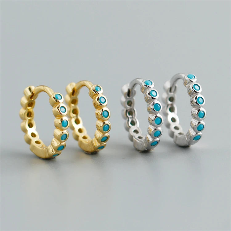 New Trendy 925 Sterling Silver 18k Gold Turquoise Gemstone Round Huggie Hoop Earrings for Women