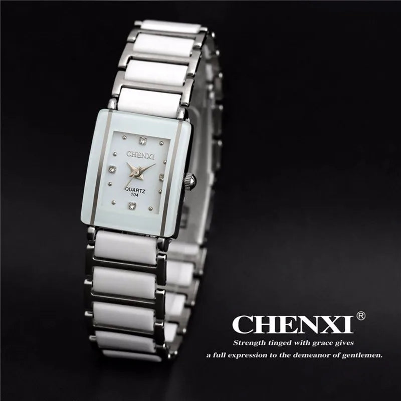 CHENXI 104 Brand Elegant Women Watch Rhinestone White Silver Simple Stylish Ladies Quartz Watches Ceramics Bracelet Casu