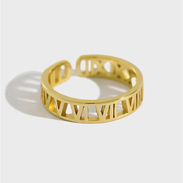 Personalized S925 Sterling Silver Roman Numerals Cutout Ring Hollow Adjustable Open Ring for Women