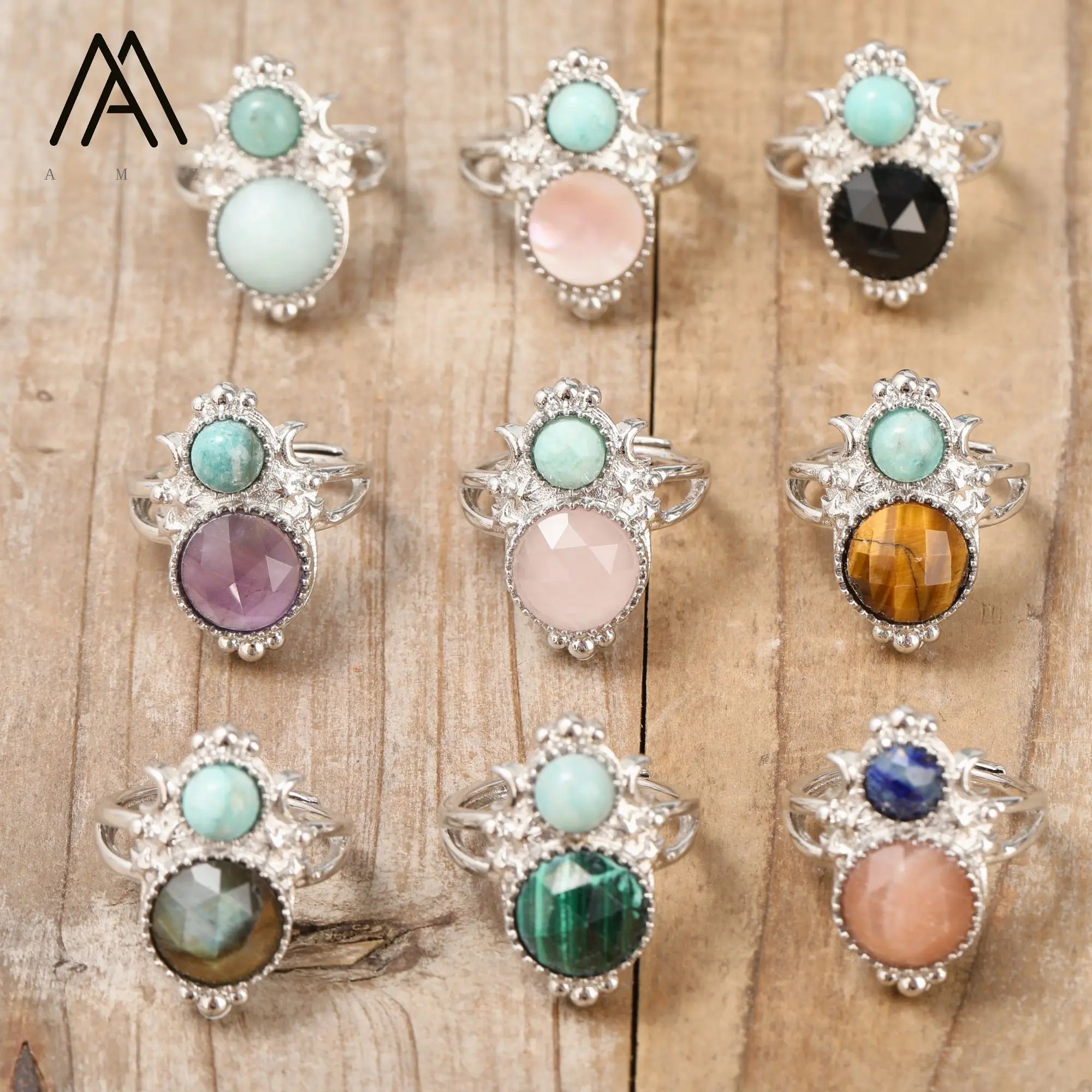 Luxury Crystal Rings Natural Amazonite Gemstone Open Bands Silver Moon Ring Fashion Jewelry Women Gifts
