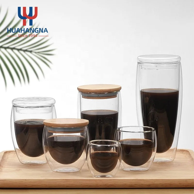 Custom Logo 150ml-450ml Double Wall Insulated Borosilicate Ceramic Coffee & Tea Cups with Handle Lid Premium Beverage Glass Set