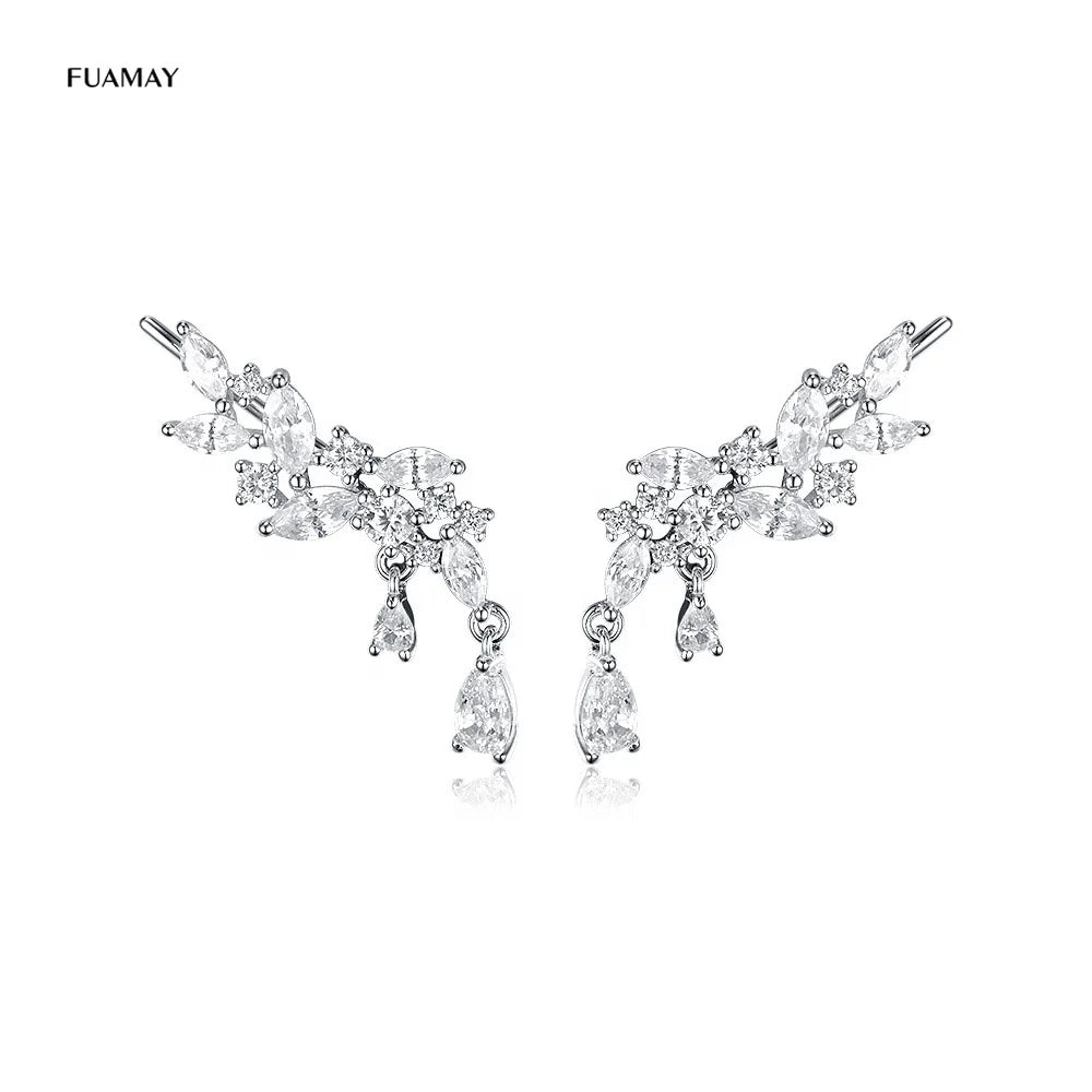 FUAMAY White Pave Diamond Cluster Studs Earrings Twinkling CZ Angel Wing Crawler Geometric Gold Plated Boucle D'oreille En Gros