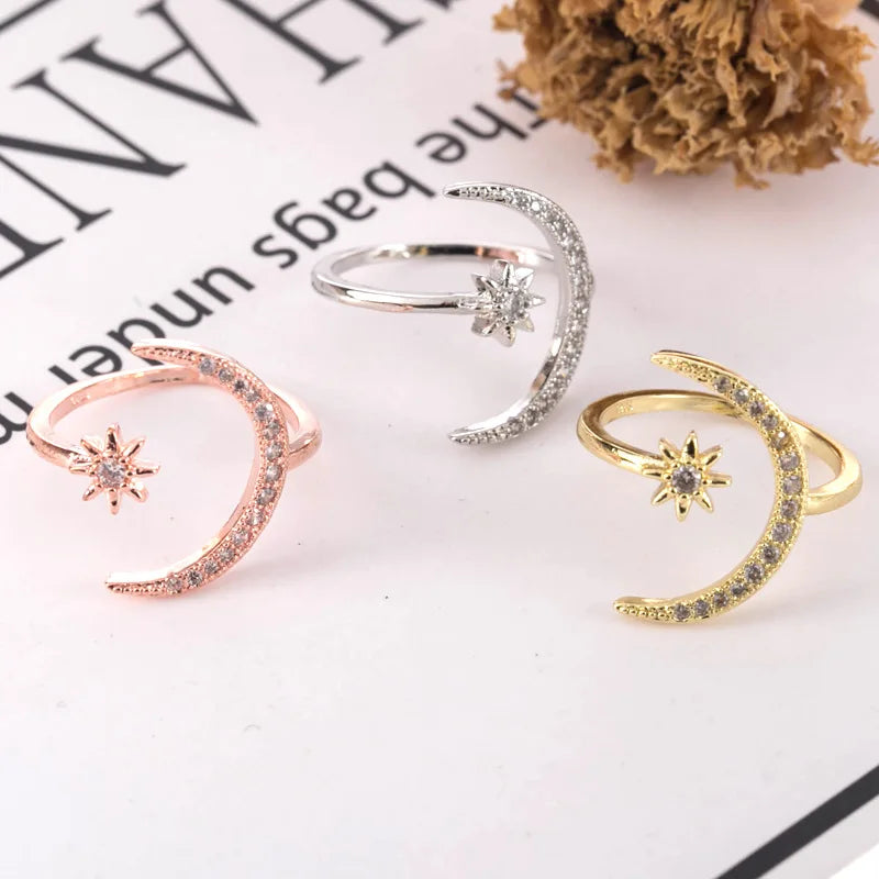 New Fashion Crytal Ring Moon & Star Dazzling Open Finger Rings for Women Girls Wedding Engagement Jewelry Gift