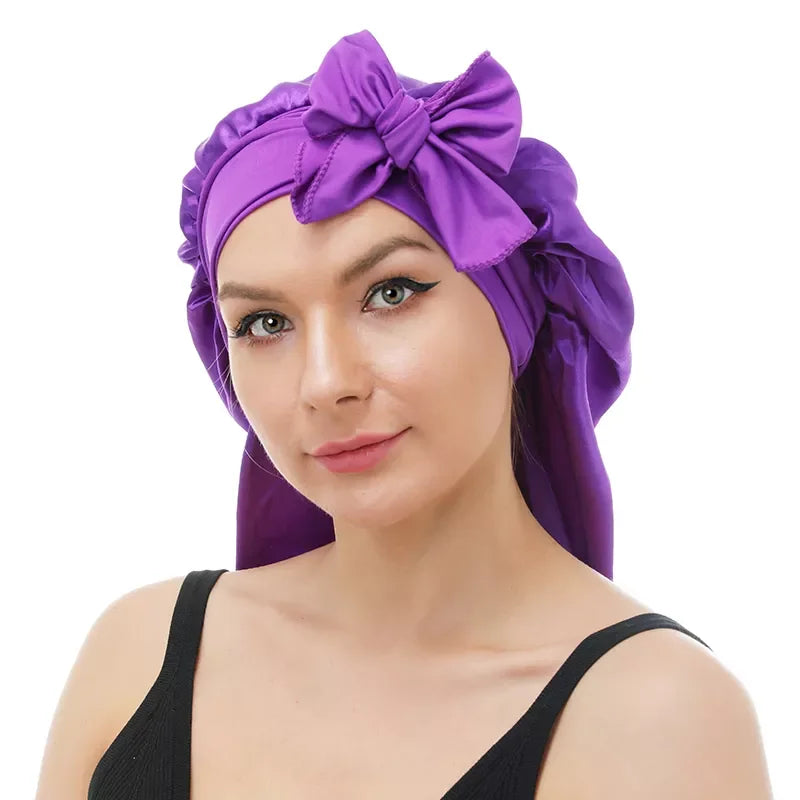 Custom Logo Solid Color Long Bonnet With Tie Braid Designer Band Bonnets Women