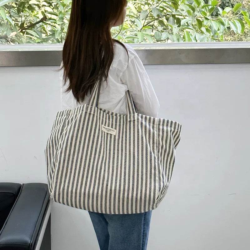 Wholesale Eco-Friendly Foldable Tote Bag Vertical Striped Fabric Handbag Large Capacity Shoulder Shopping Bag