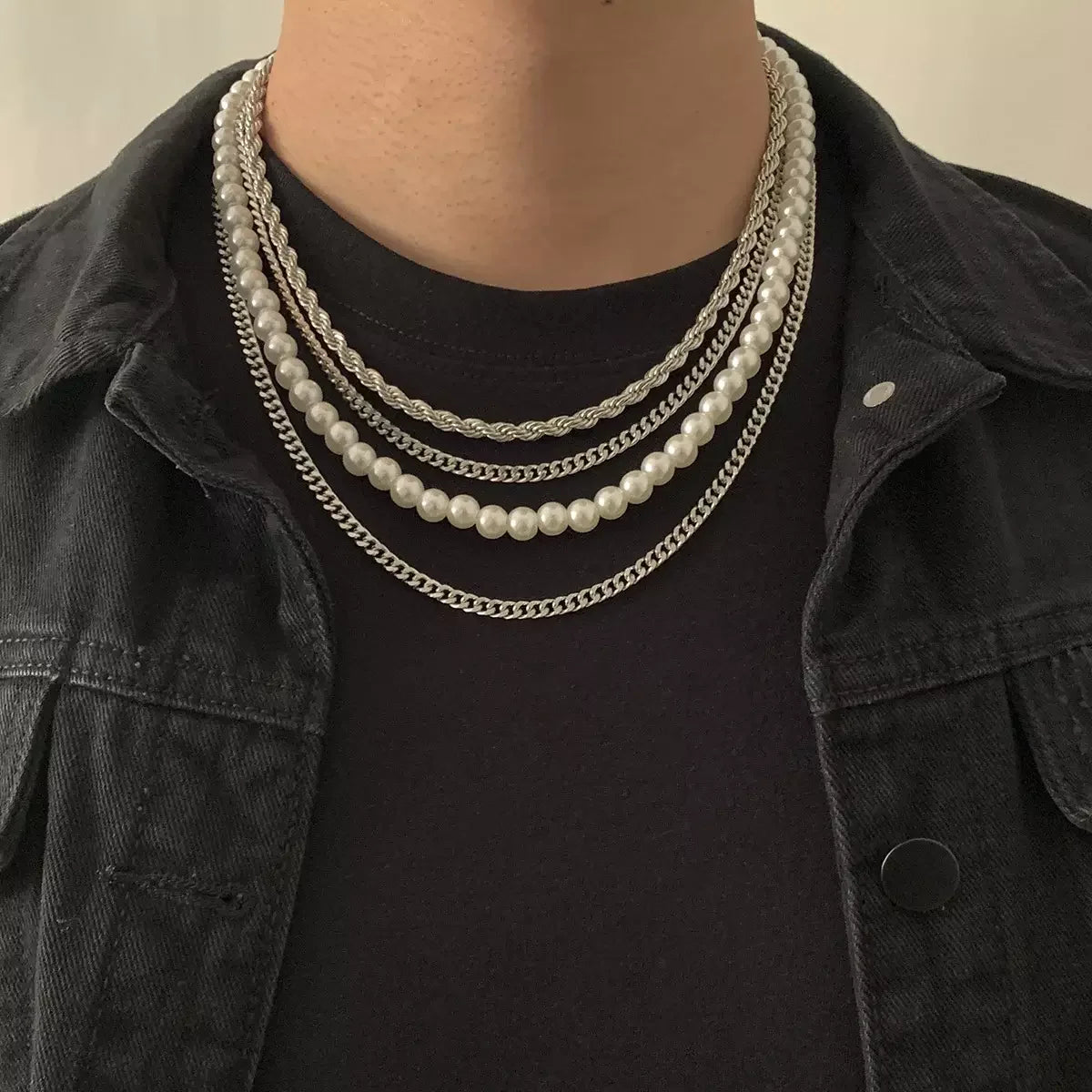 SHIXIN Hip Hop Twist Rope Chain Pearl Bead Necklace Silver Link Chain Layered Necklace Punk Thick Statement Necklace Men Women