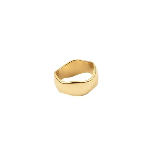 Stainless Steel American European 18k PVD Gold Plated Chunky Wide Band Irregular Concave Wave Design Ring Jewelry for Women