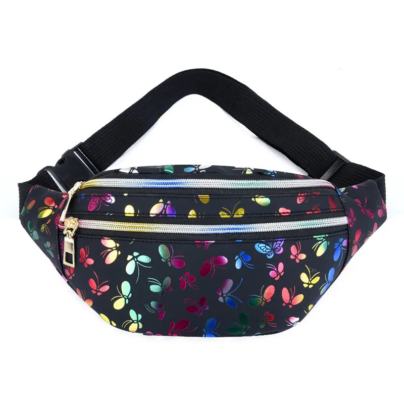 Women Colorful  Fanny Packs Butterfly Printing Chest Bag Shopping Waist Packs Soft Ladies PU Leather Belt Bag