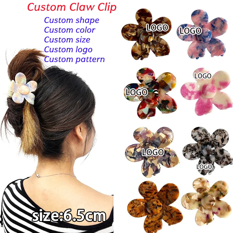 6.5CM Custom Logo Fashion Style Hot Sale Hair Accessories Fashion Flower Hair Clip Acetate Claw Clip Women Cute Claw Hair Girls