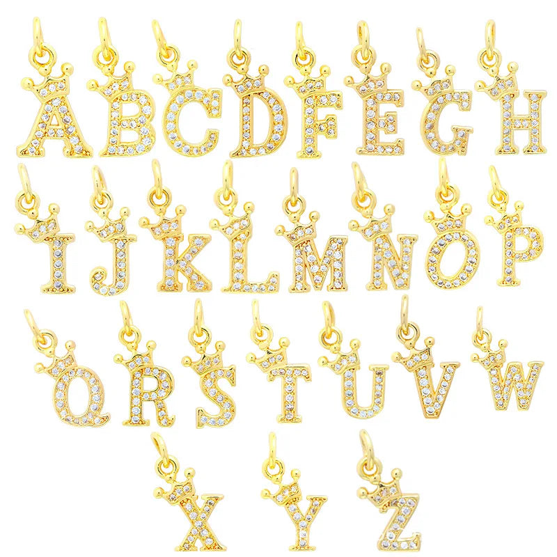 Stone Initial Letter A-Z 26 Gold-Plated Brass Crown Pendant Charm for Children's DIY Jewelry Making with Cubic Zircon Jewelry