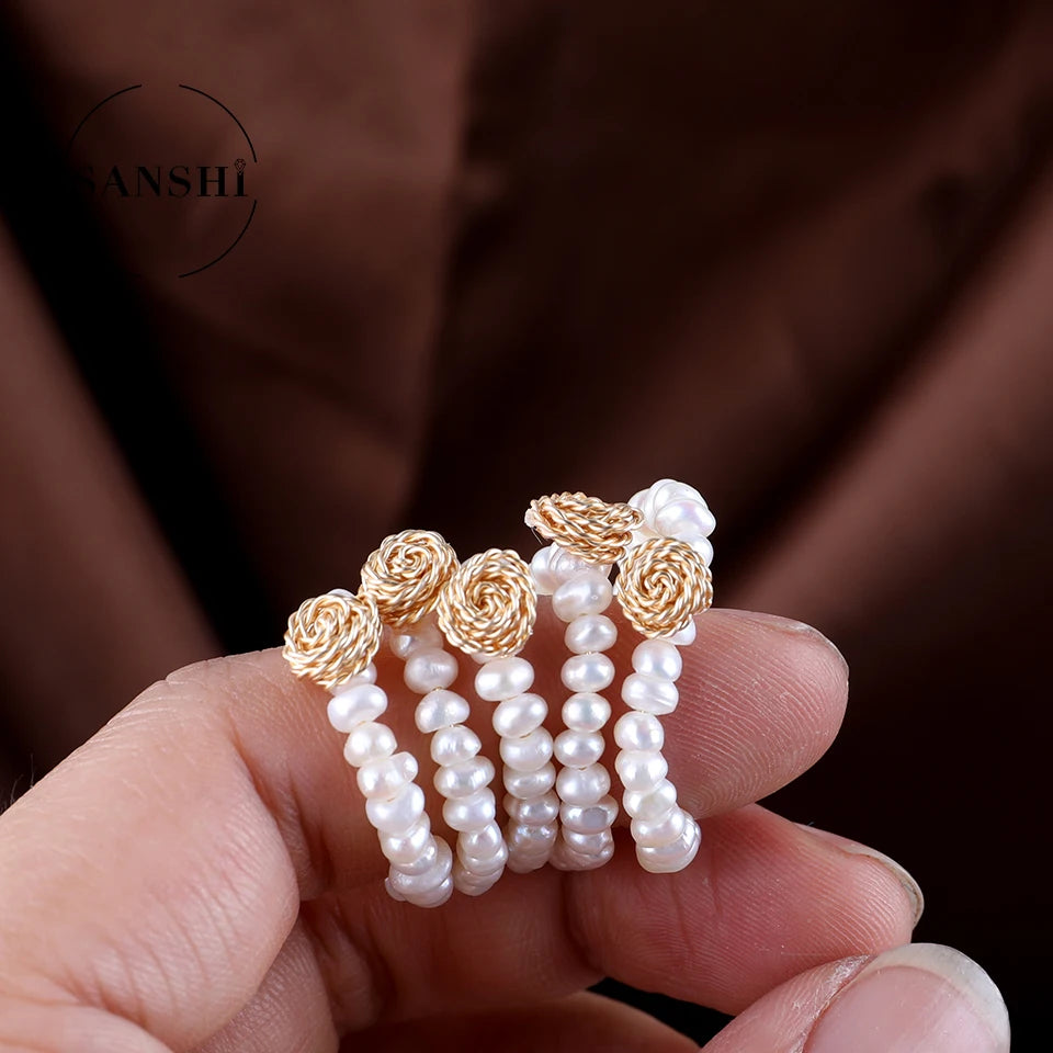 Wholesale Adjustable Pearl Gold Plated Ring Flower Pearl Rings Jewelry Women Natural Freshwater Pearls Rings