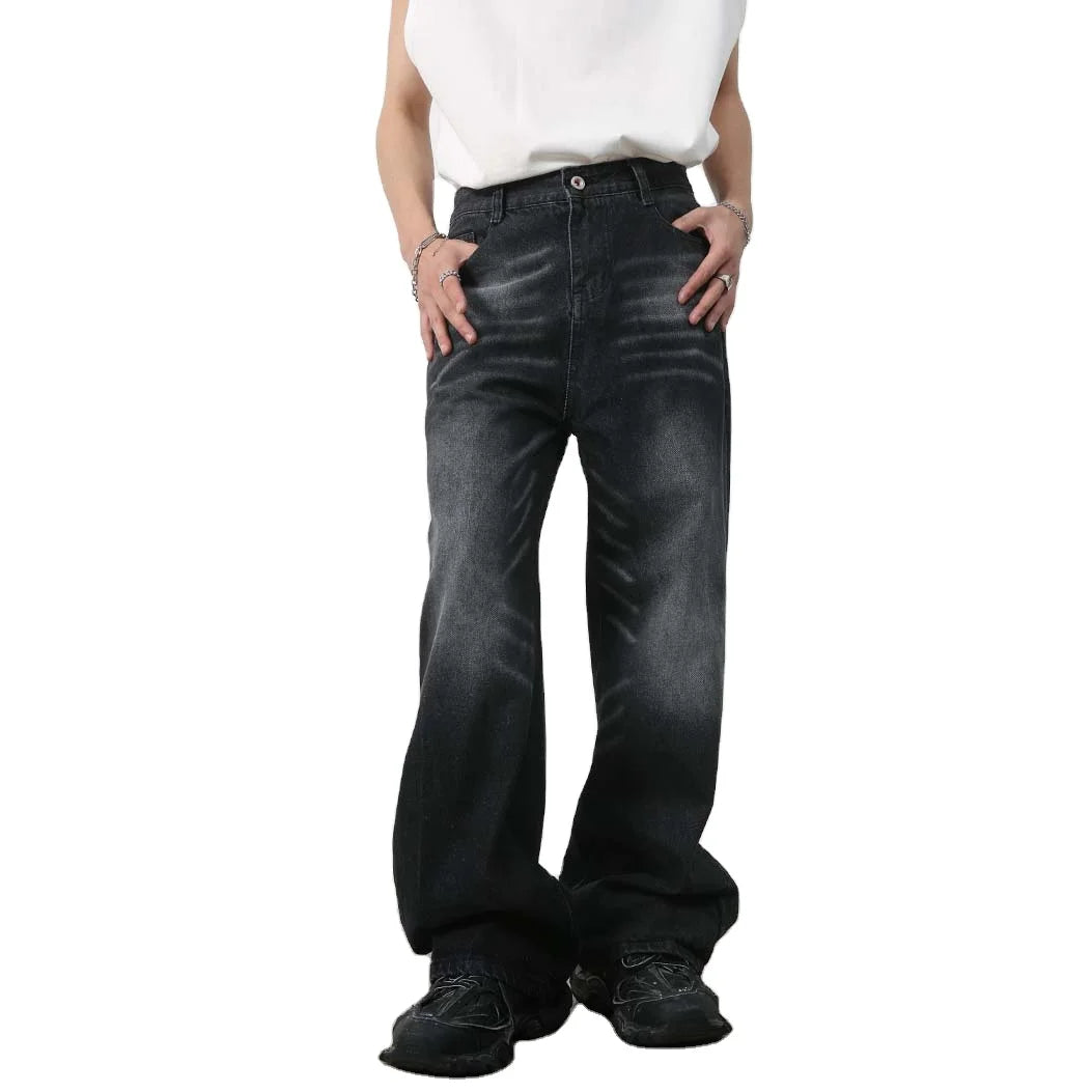 Spring Autumn Summer Mens Boot Cut Wide Leg High Street Breathable Denim Jeans with Print Letter Washed Vintage Style
