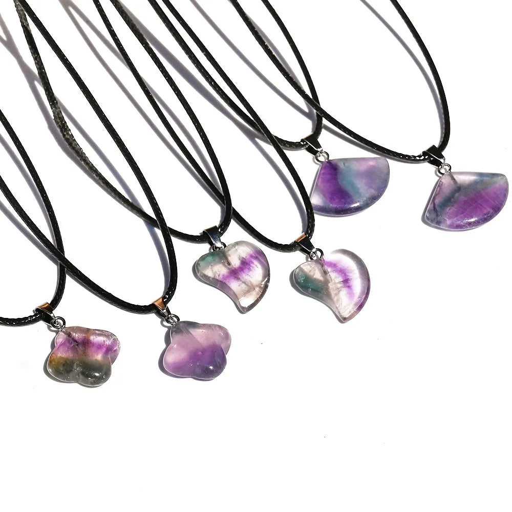 Color Fluorite Heart Pendant Rainbow Fluorite Four-leaf Clover Fan-shaped Pendant Charm for Jewelry Making Healing Meditation