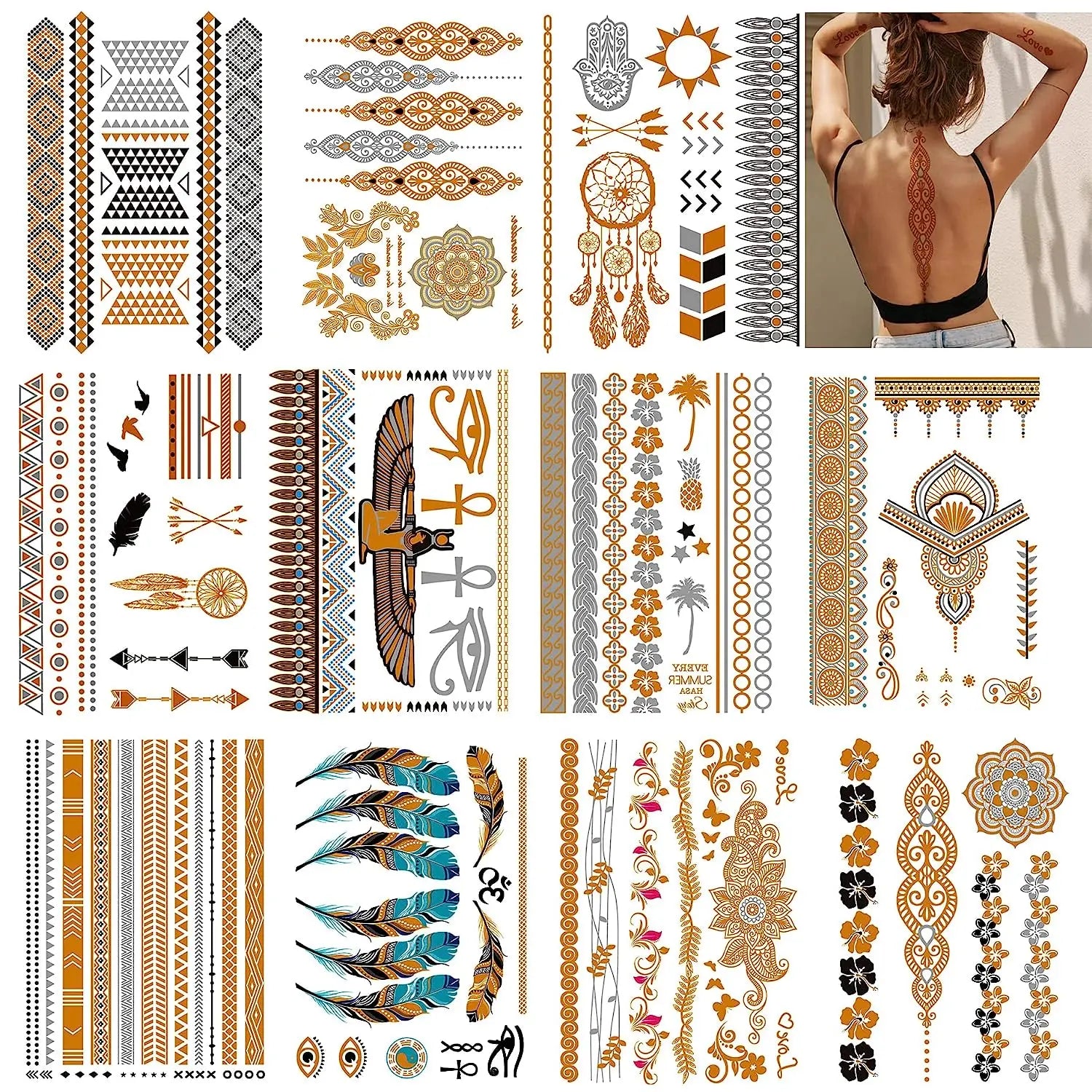 Metallic Gold Henna Temporary Tattoos Waterproof and Long-Lasting Tattoos for Beach Festivals and Parties